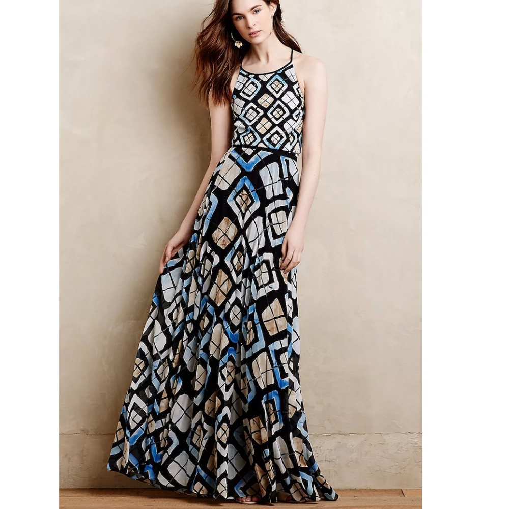 Anthropologie Geometric Maxi Dress - Black, Blue, White
